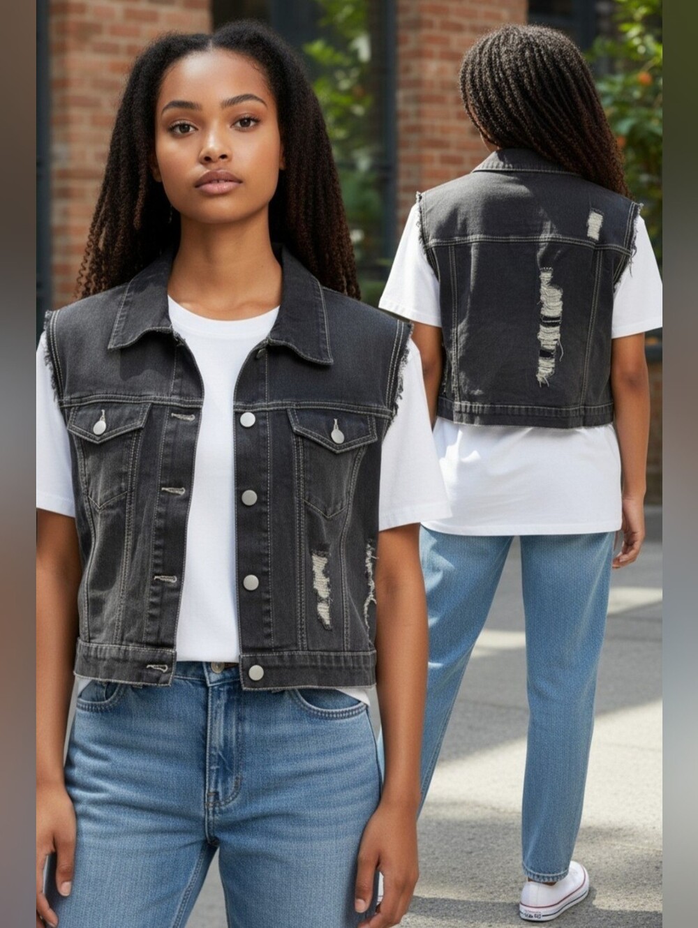 Shein Curve Women’s 2XL (L) Cropped Distressed Jean Vest Stone-Wash Black Denim.